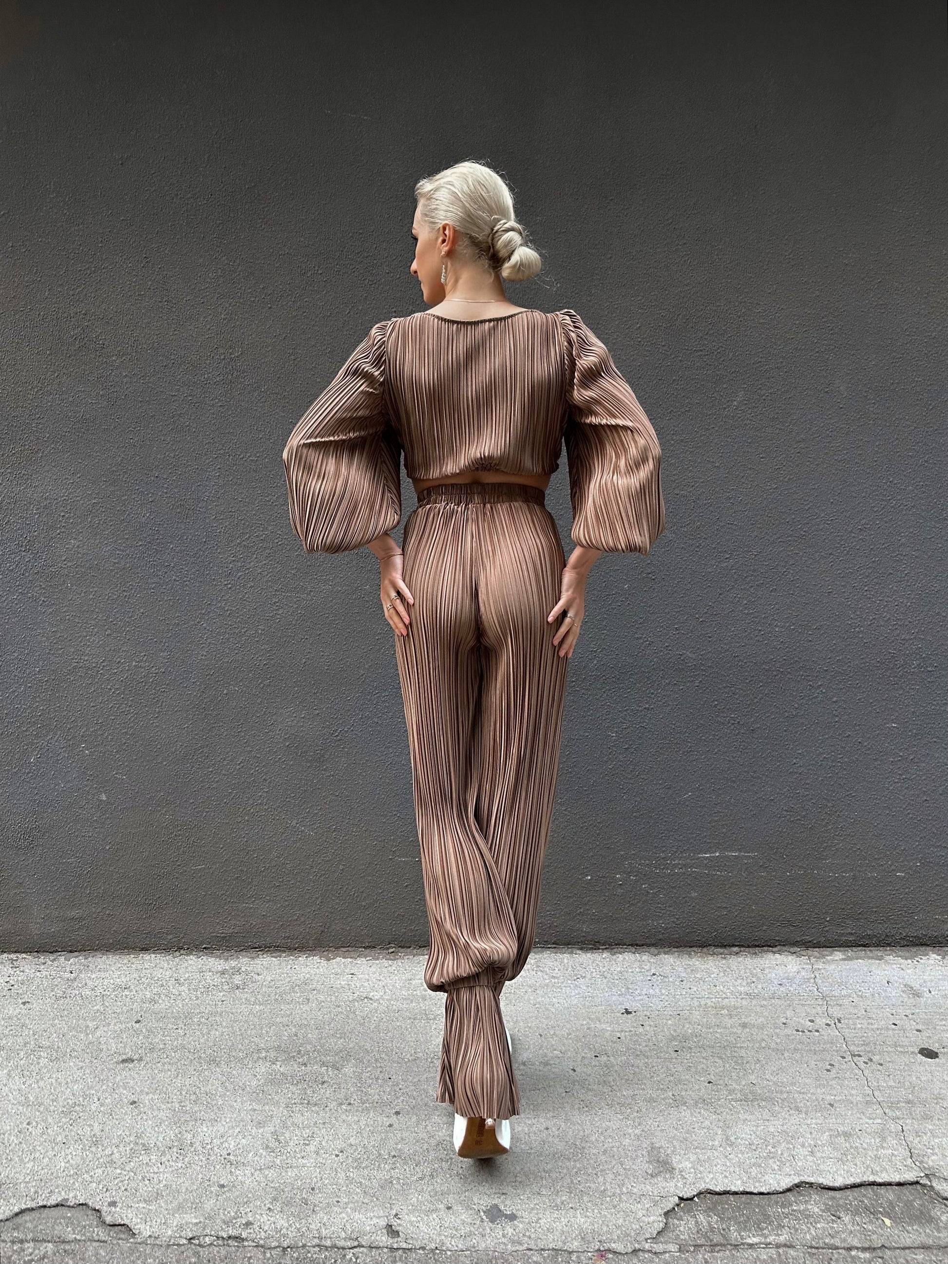 Beige Satin Pleated Pants